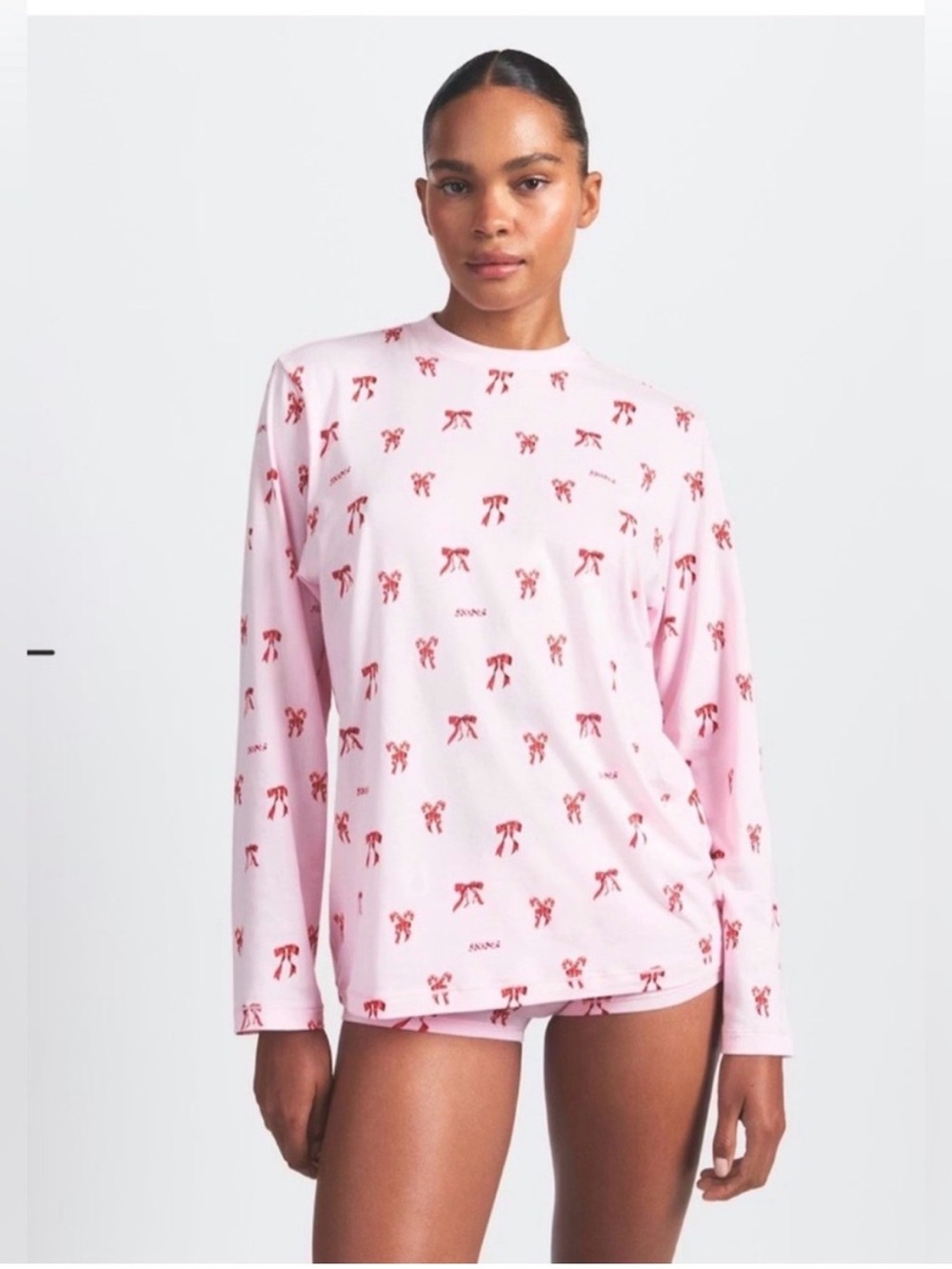 NWT SKIMS BOYFRIEND LONG SLEEVE TOP ONLY Cherry Blossom Holiday Candy Bow Medium